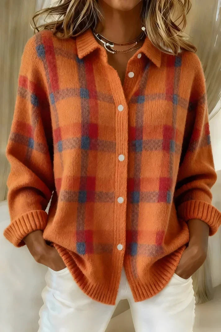 Elegante, kuschelige karierte Strickjacke für Damen