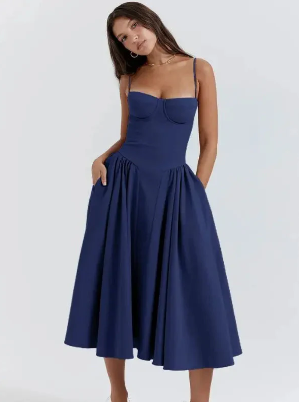 Patricia | Women's Spaghetti Strap A-Line Midi Dress-Metro Lane Plaza