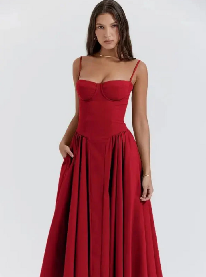 Patricia | Women's Spaghetti Strap A-Line Midi Dress-Metro Lane Plaza