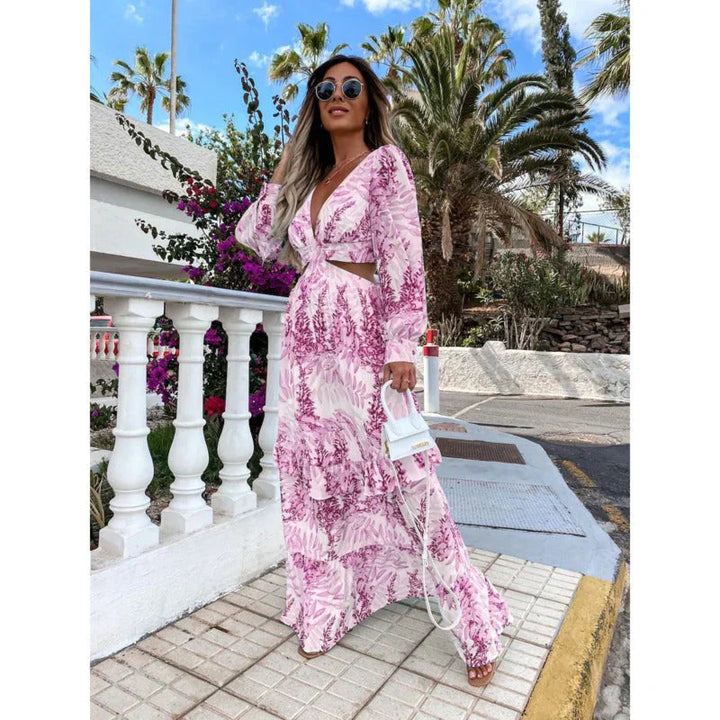 Patricia | Women's V-Neck Long Sleeve Maxi Dress-Metro Lane Plaza