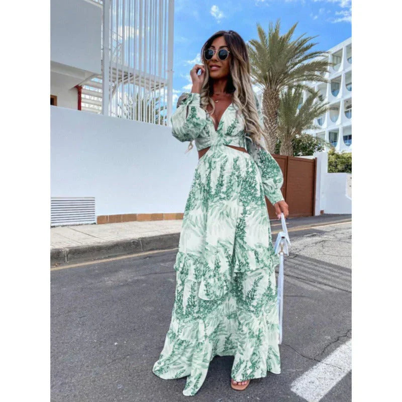 Patricia | Women's V-Neck Long Sleeve Maxi Dress-Metro Lane Plaza