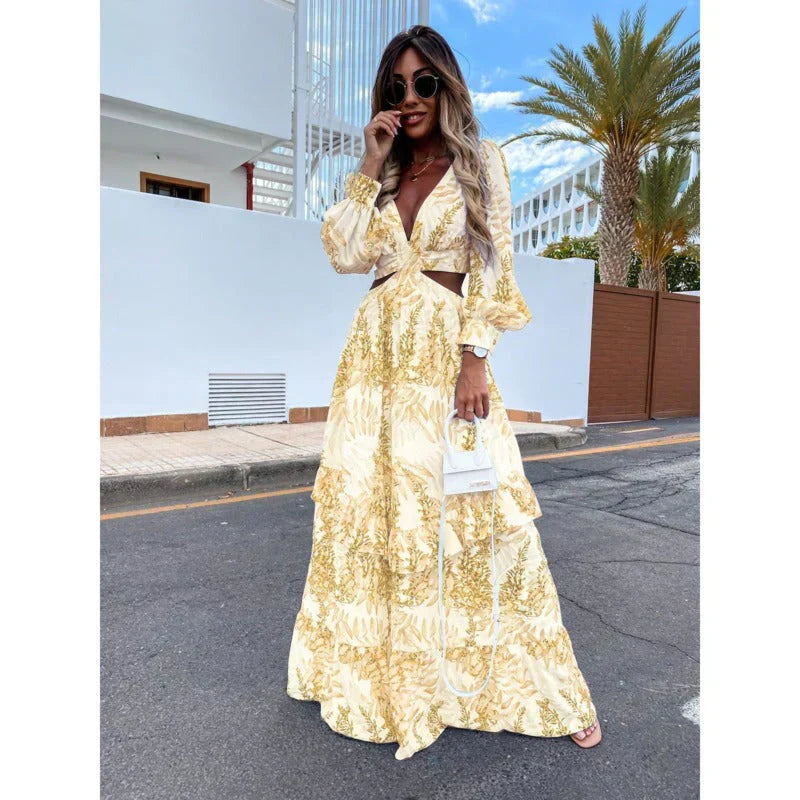 Patricia | Women's V-Neck Long Sleeve Maxi Dress-Metro Lane Plaza