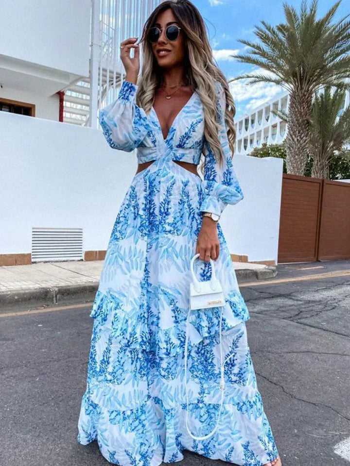 Patricia | Women's V-Neck Long Sleeve Maxi Dress-Metro Lane Plaza