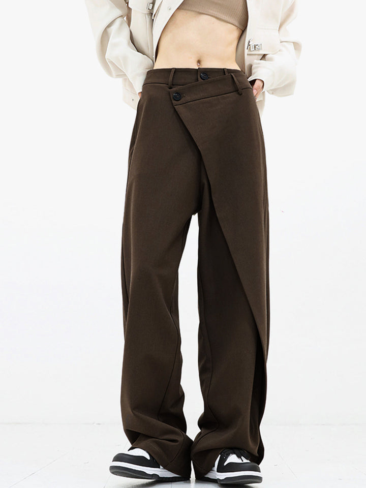 Penelope | Women's Asymmetric Layered Wide Leg Pants with Buttons-Metro Lane Plaza