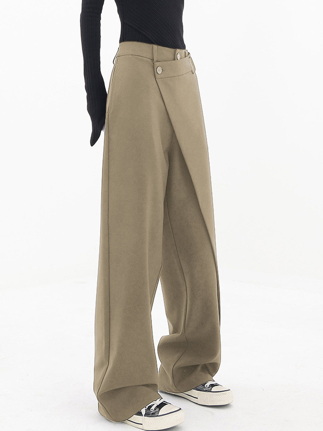 Penelope | Women's Asymmetric Layered Wide Leg Pants with Buttons-Metro Lane Plaza