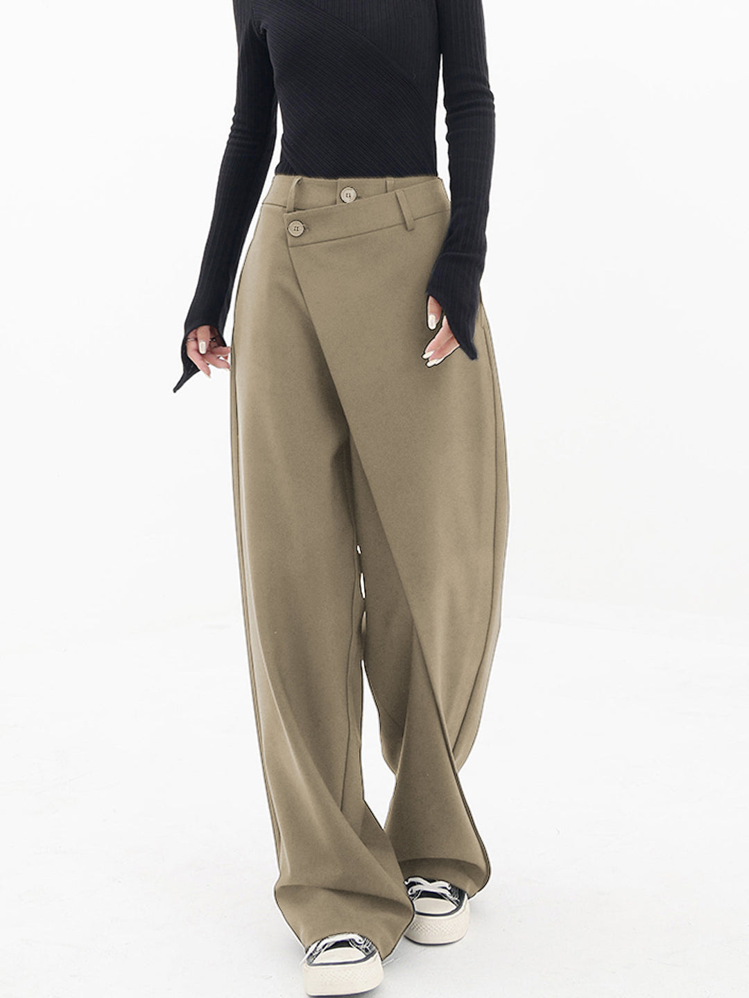 Penelope | Women's Asymmetric Layered Wide Leg Pants with Buttons-Metro Lane Plaza