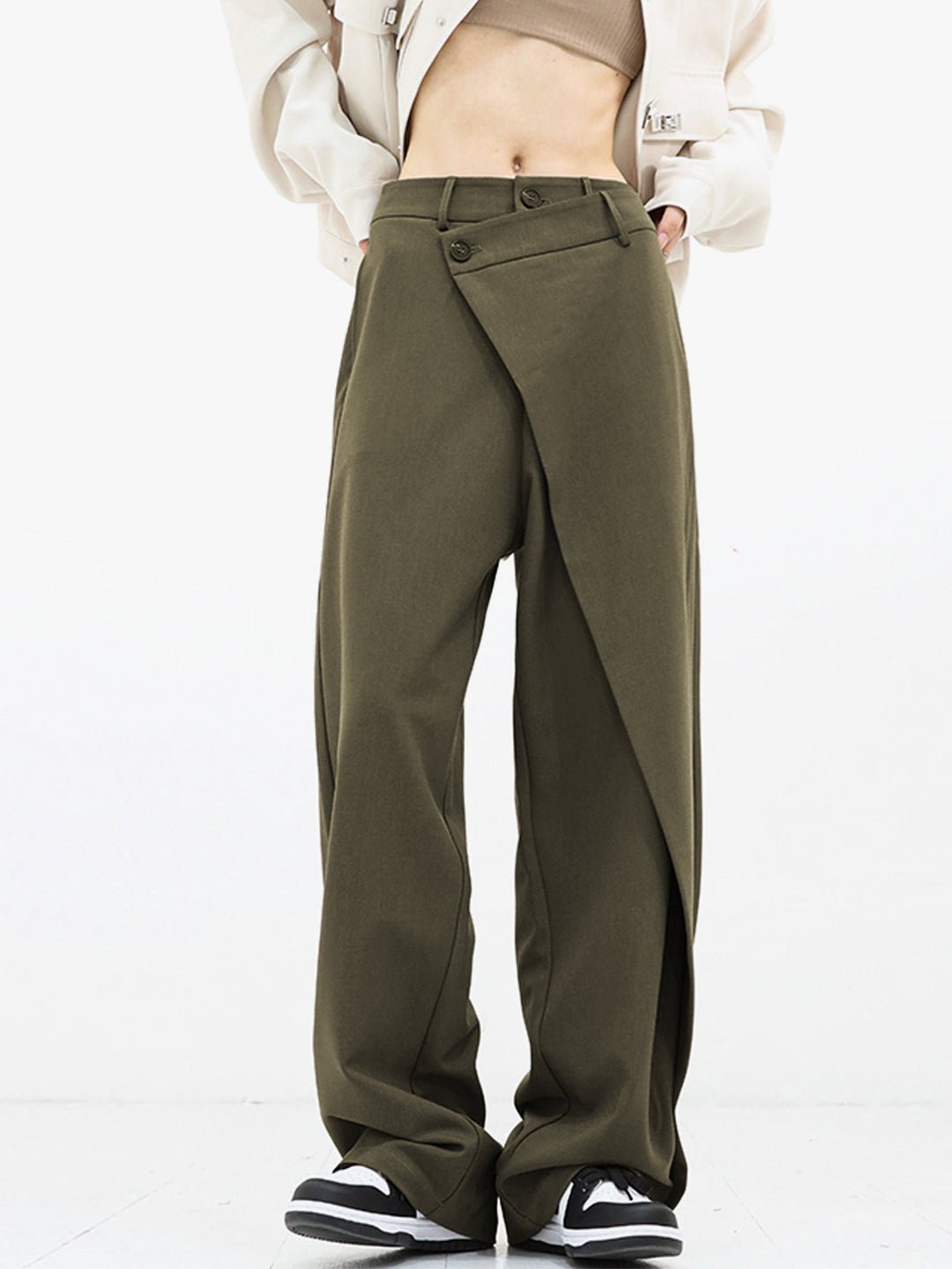 Penelope | Women's Asymmetric Layered Wide Leg Pants with Buttons-Metro Lane Plaza