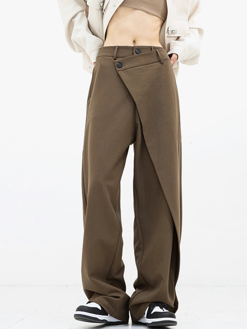 Penelope | Women's Asymmetric Layered Wide Leg Pants with Buttons-Metro Lane Plaza