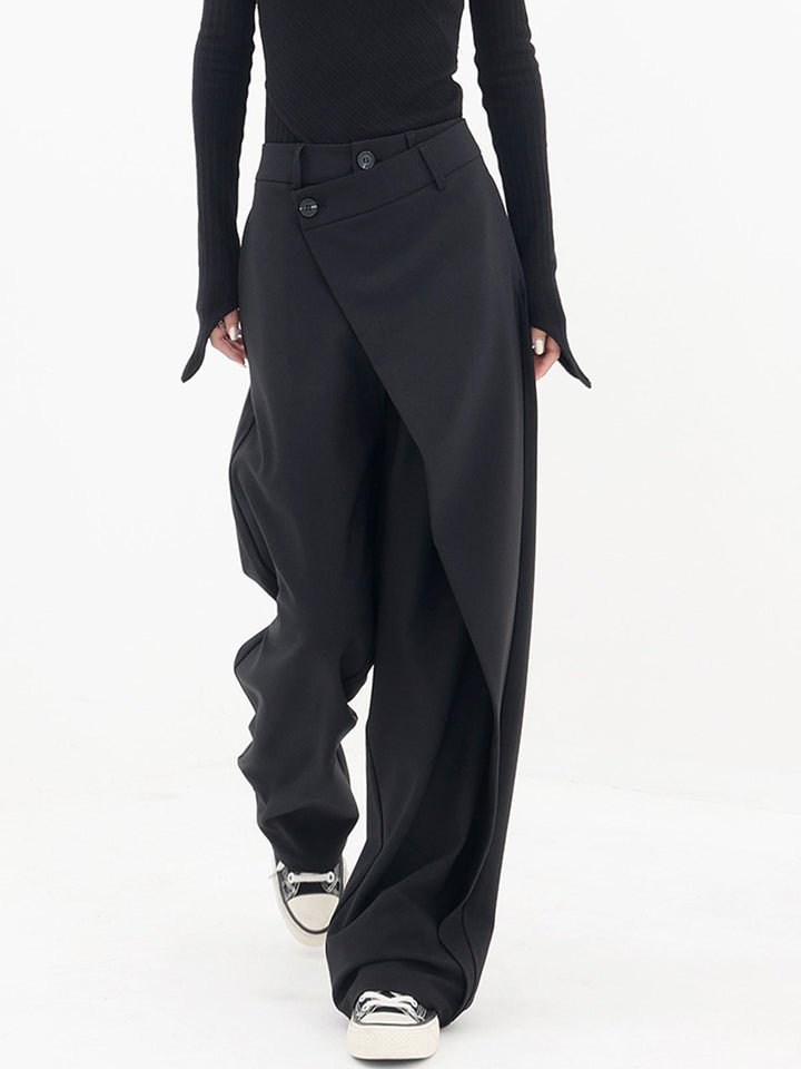 Penelope | Women's Asymmetric Layered Wide Leg Pants with Buttons-Metro Lane Plaza