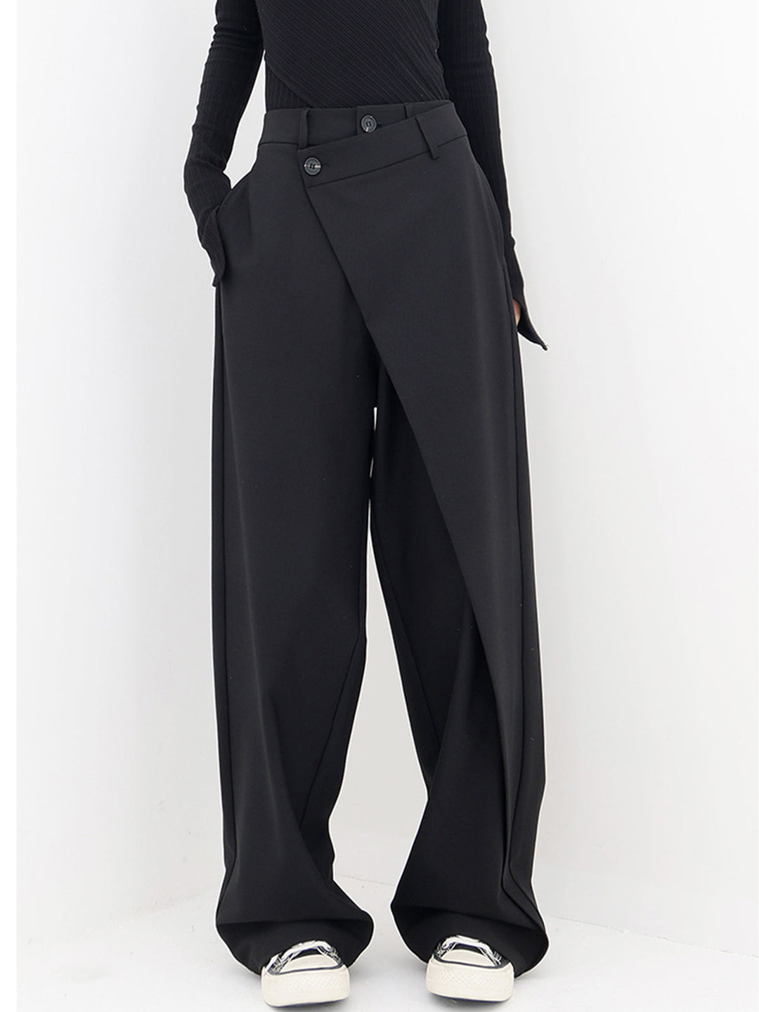 Penelope | Women's Asymmetric Layered Wide Leg Pants with Buttons-Metro Lane Plaza