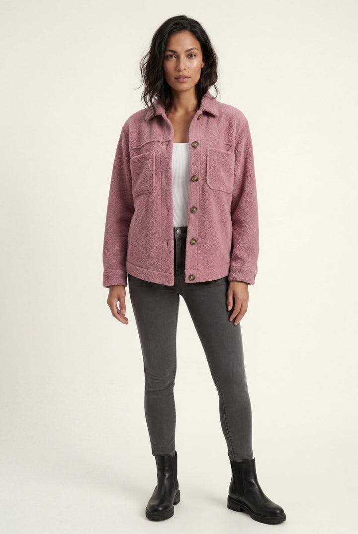 Casaco-camisa de pelo teddy para senhora, corte descontraído