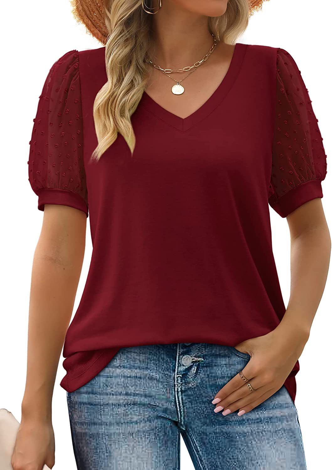 Priscilla | Women's Puff Sleeve V-Neck Blouse-Metro Lane Plaza
