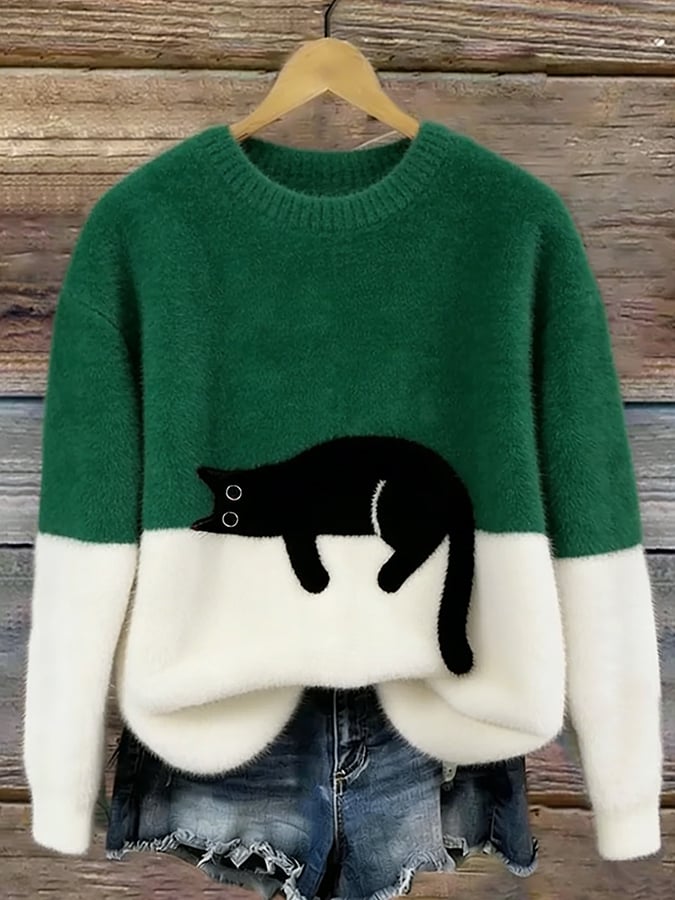 Camisola casual de senhora com estampado de gato