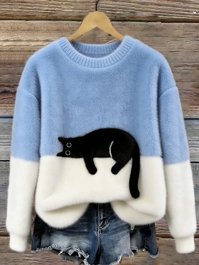 Camisola casual de senhora com estampado de gato