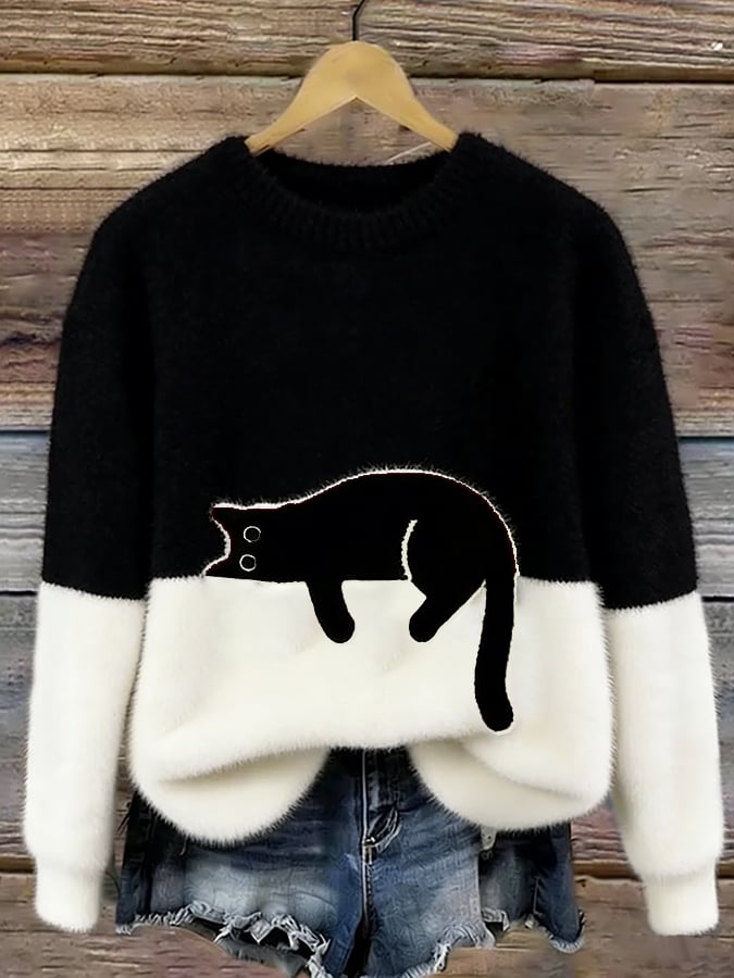 Camisola casual de senhora com estampado de gato