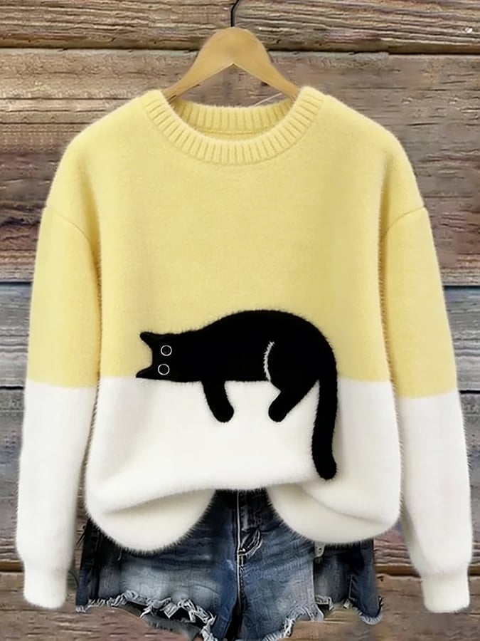 Camisola casual de senhora com estampado de gato
