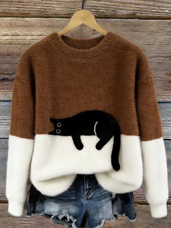 Camisola casual de senhora com estampado de gato