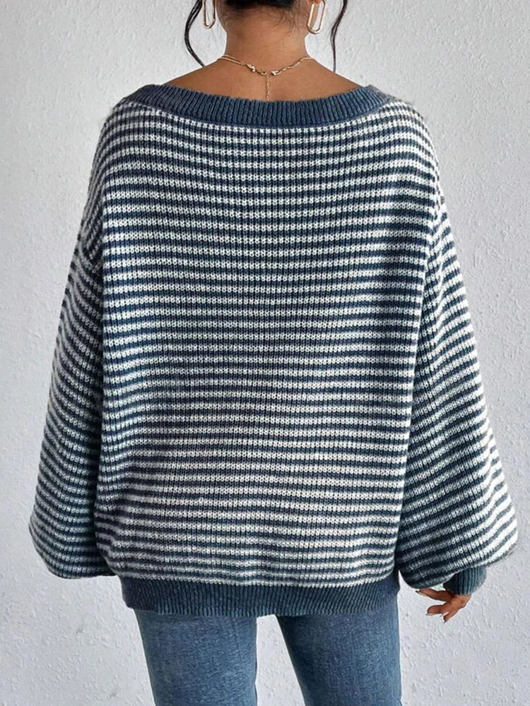 Oversized ribbstickad tröja för kvinnor med sänkt axelsöm