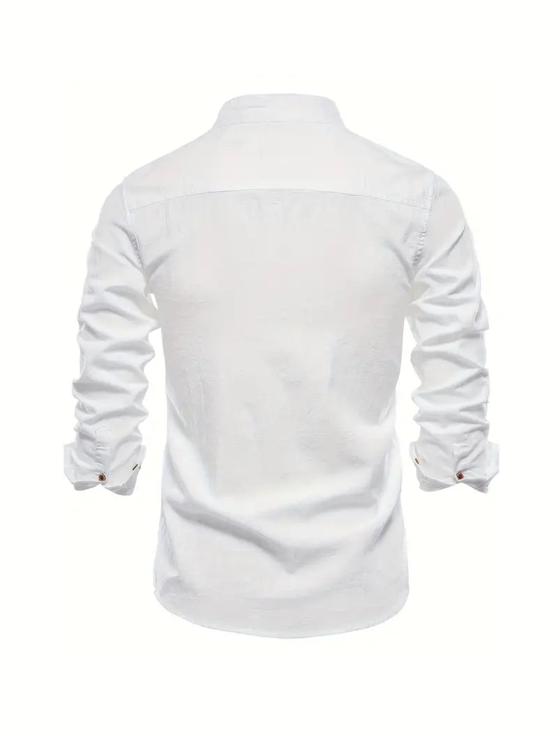 Men's Band Collar Long Sleeve Button-Down Shirt-Metro Lane Plaza