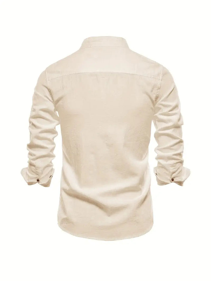 Men's Band Collar Long Sleeve Button-Down Shirt-Metro Lane Plaza