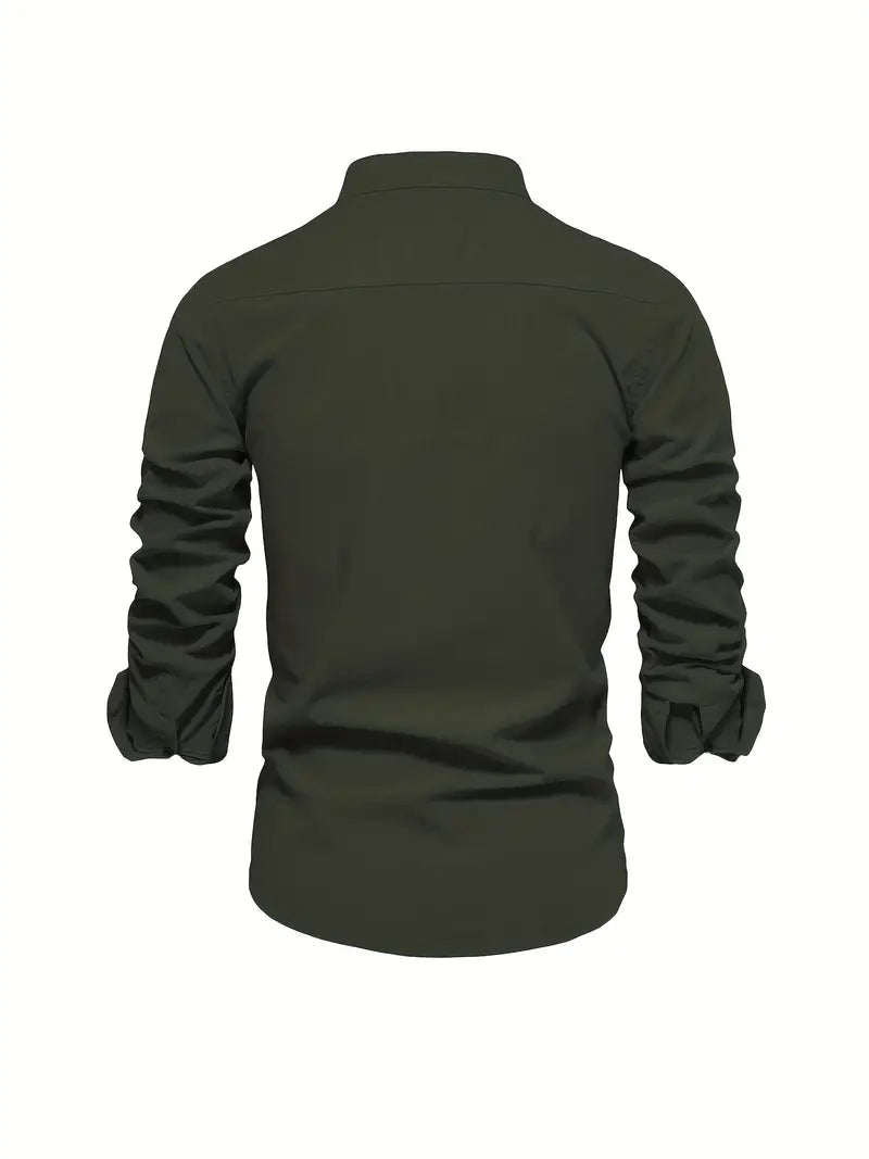 Men's Band Collar Long Sleeve Button-Down Shirt-Metro Lane Plaza