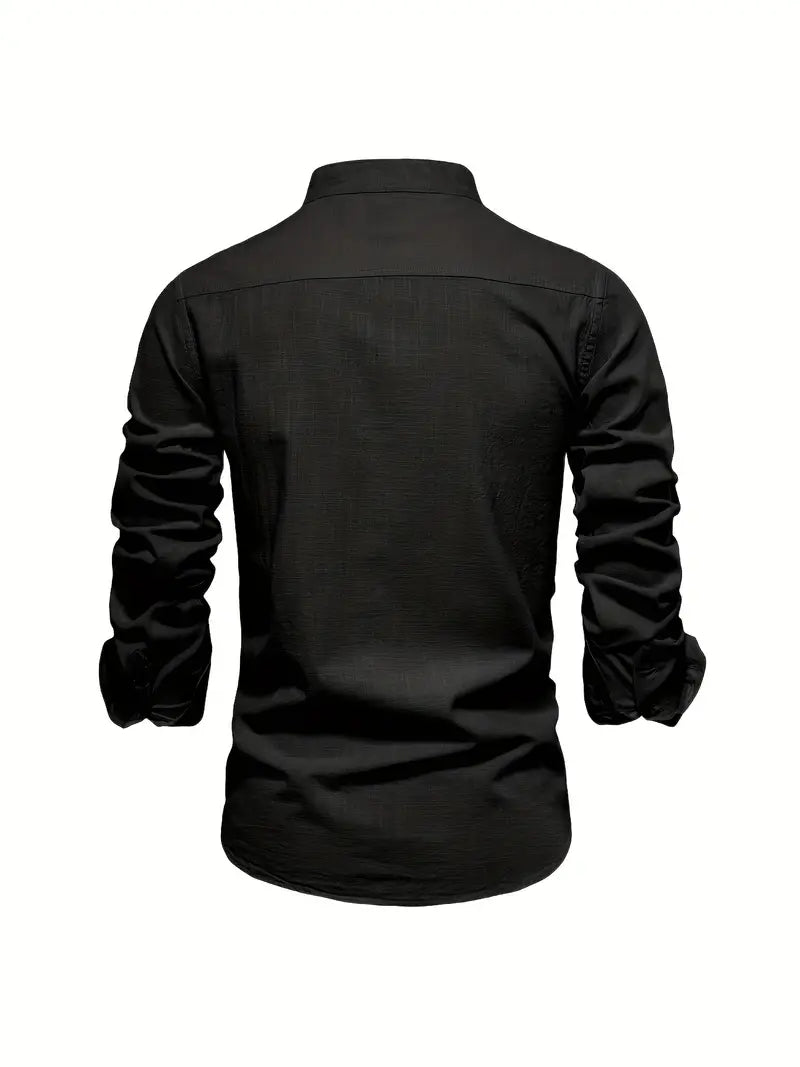 Men's Band Collar Long Sleeve Button-Down Shirt-Metro Lane Plaza