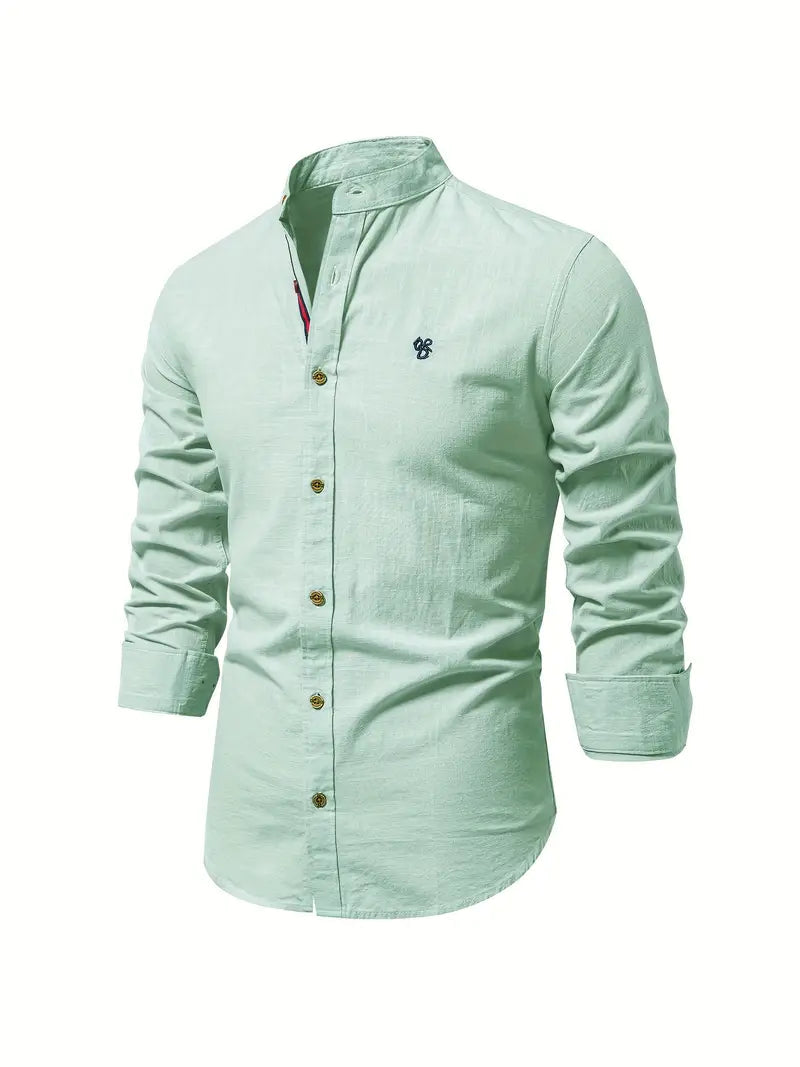 Men's Band Collar Long Sleeve Button-Down Shirt-Metro Lane Plaza