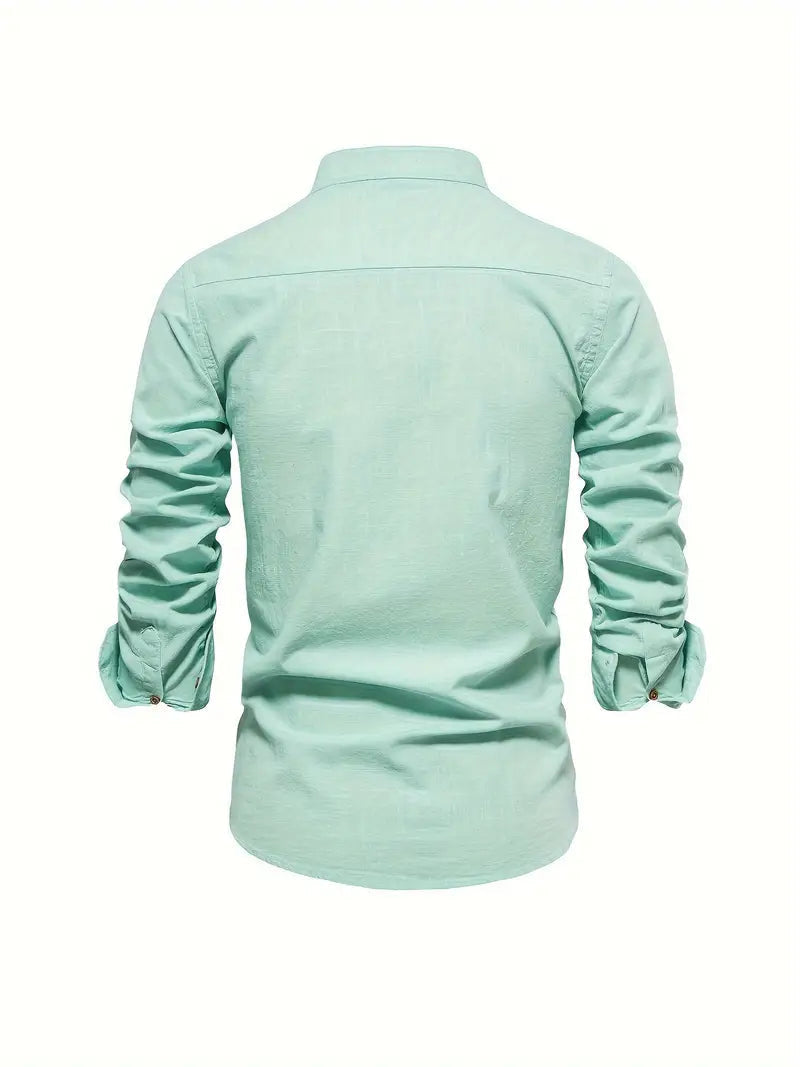 Men's Band Collar Long Sleeve Button-Down Shirt-Metro Lane Plaza