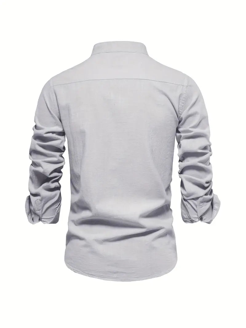Men's Band Collar Long Sleeve Button-Down Shirt-Metro Lane Plaza