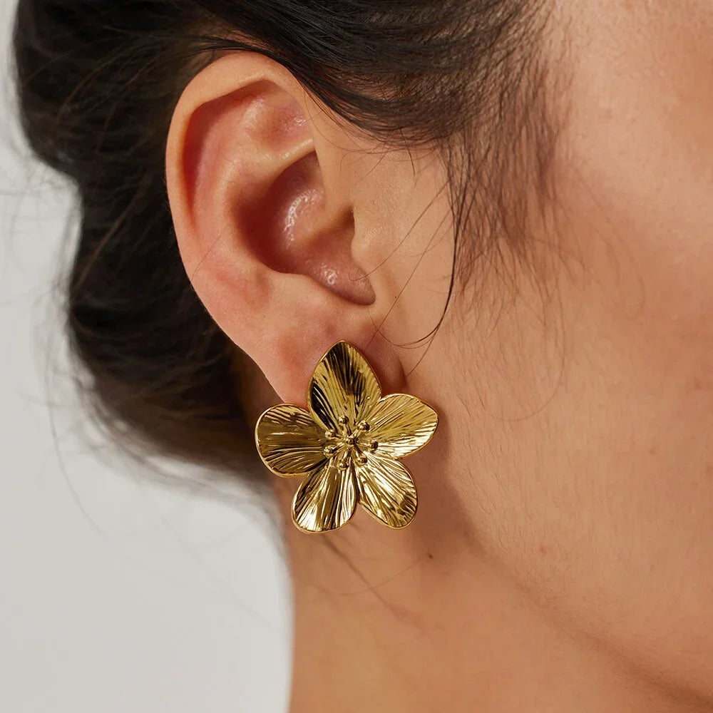 Flower Earrings | Women's Gold Finish Timeless Statement Jewelry-Metro Lane Plaza