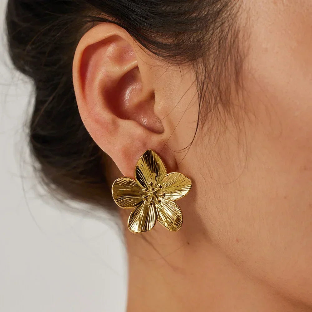 Flower Earrings | Women's Gold Finish Timeless Statement Jewelry-Metro Lane Plaza