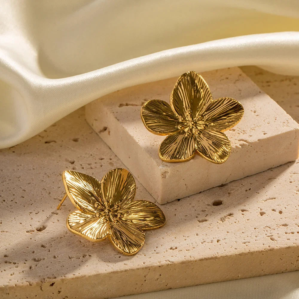 Flower Earrings | Women's Gold Finish Timeless Statement Jewelry-Metro Lane Plaza