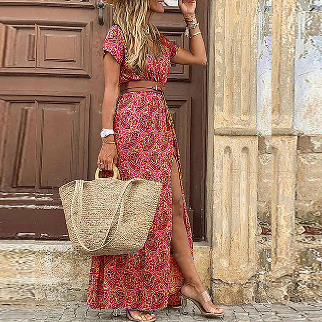 Women's Boho Floral Maxi Dress with V-Neck and Split Hem-Metro Lane Plaza