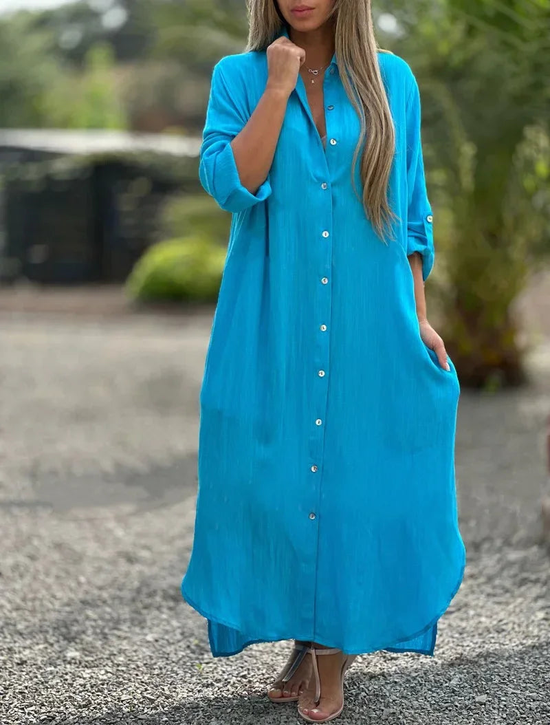 Roberta | Women's Button-Down Maxi Dress-Metro Lane Plaza