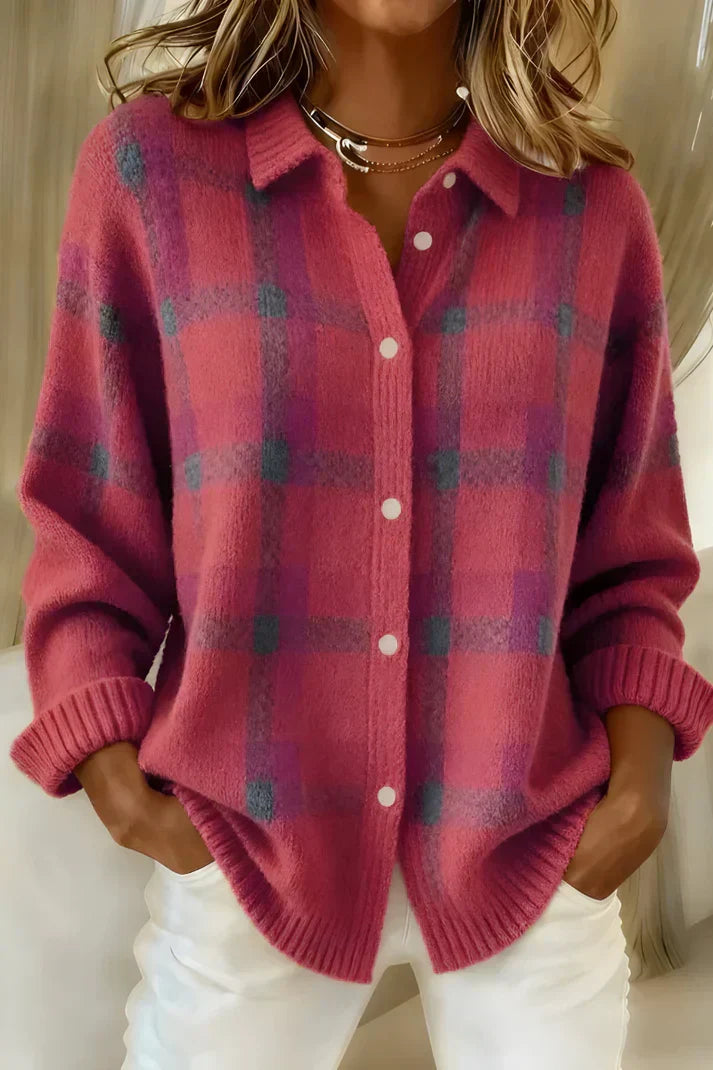 Elegante, kuschelige karierte Strickjacke für Damen