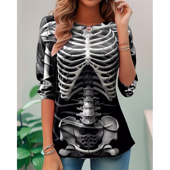 Camisola de manga comprida com esqueleto de Halloween para mulher, t-shirt com estampado festivo