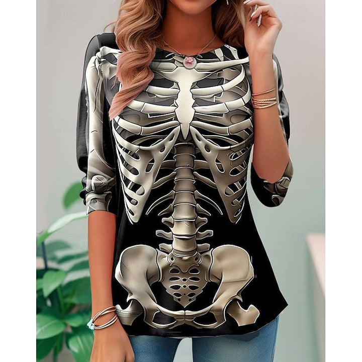 Camisola de manga comprida com esqueleto de Halloween para mulher, t-shirt com estampado festivo