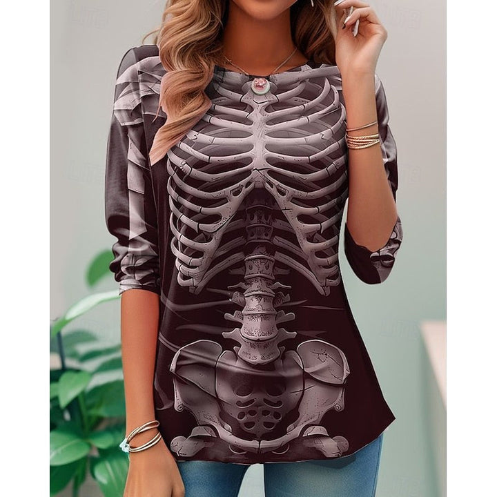 Camisola de manga comprida com esqueleto de Halloween para mulher, t-shirt com estampado festivo
