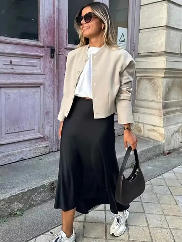 Women's Satin Midi Skirt - Elegant and Versatile Fashion Piece-Metro Lane Plaza