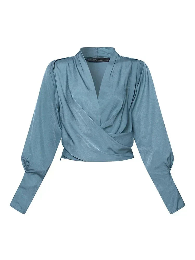 Sophia | Women's Satin V-Neck Top with Puff Sleeves-Metro Lane Plaza