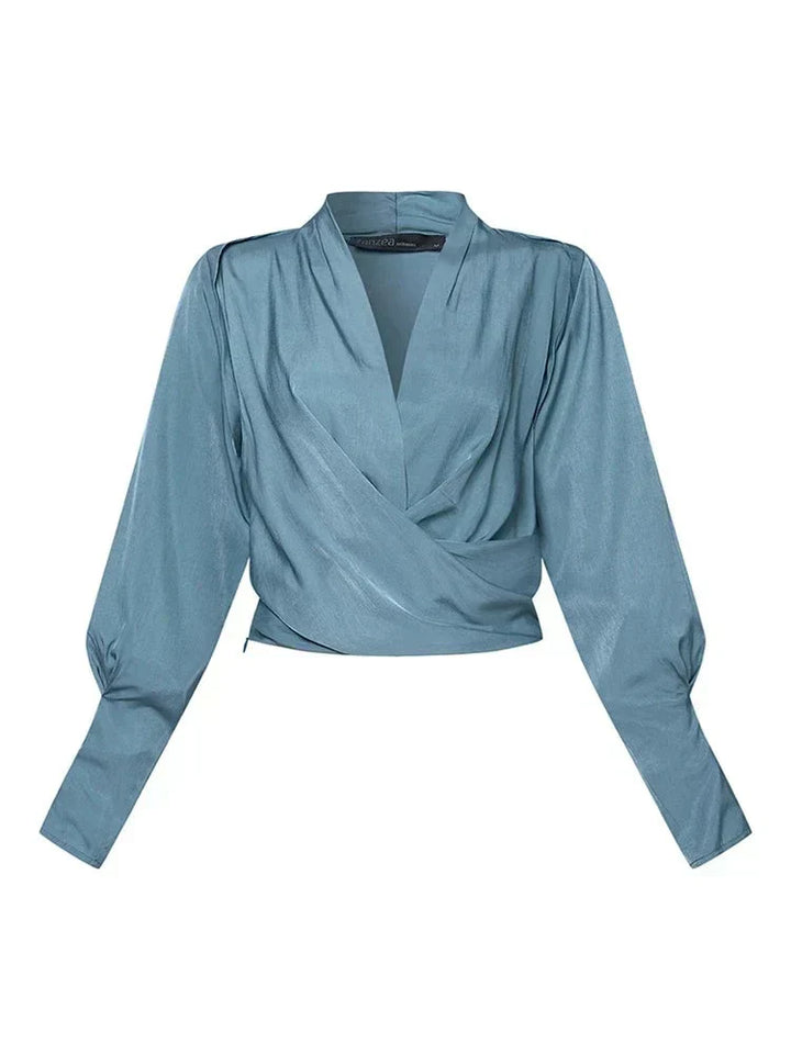 Sophia | Women's Satin V-Neck Top with Puff Sleeves-Metro Lane Plaza