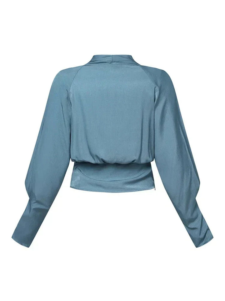Sophia | Women's Satin V-Neck Top with Puff Sleeves-Metro Lane Plaza