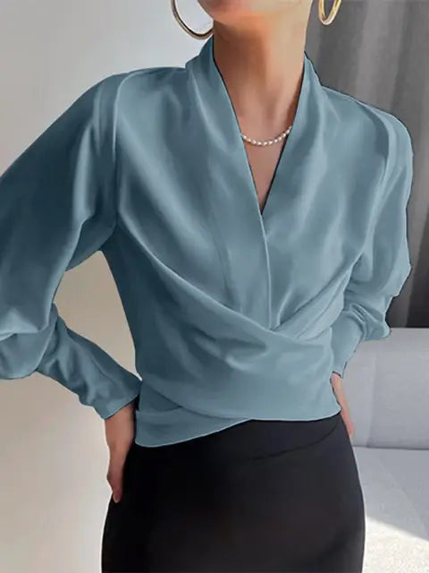 Sophia | Women's Satin V-Neck Top with Puff Sleeves-Metro Lane Plaza