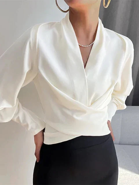Sophia | Women's Satin V-Neck Top with Puff Sleeves-Metro Lane Plaza