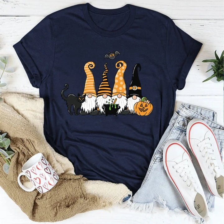 Women's Playful Halloween Graphic T-Shirt with Gnome Design
