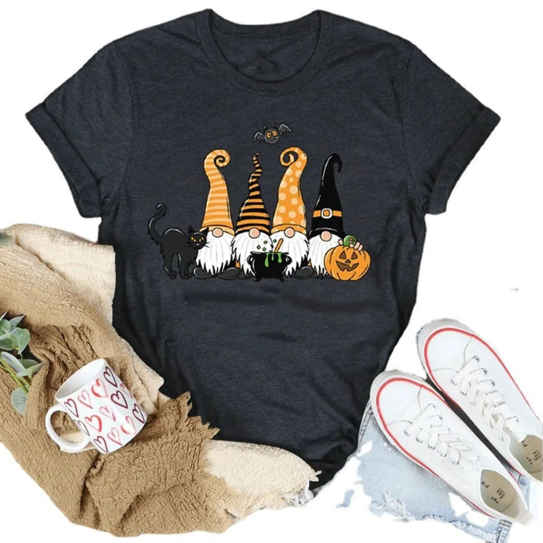 Women's Playful Halloween Graphic T-Shirt with Gnome Design