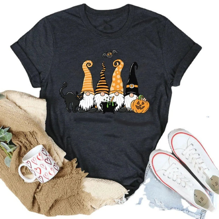 Women's Playful Halloween Graphic T-Shirt with Gnome Design