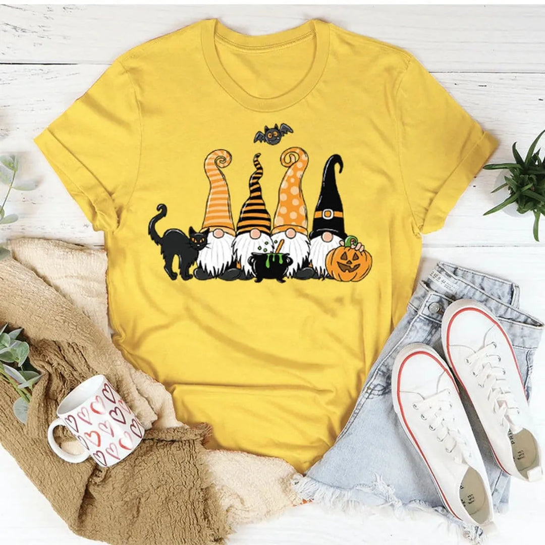 Women's Playful Halloween Graphic T-Shirt with Gnome Design