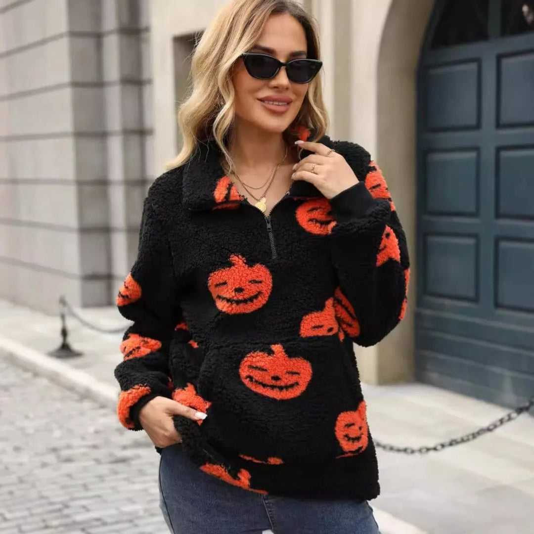 Naisten Halloween-kurpitsakuvioinen puolivetoketjullinen neulepusero