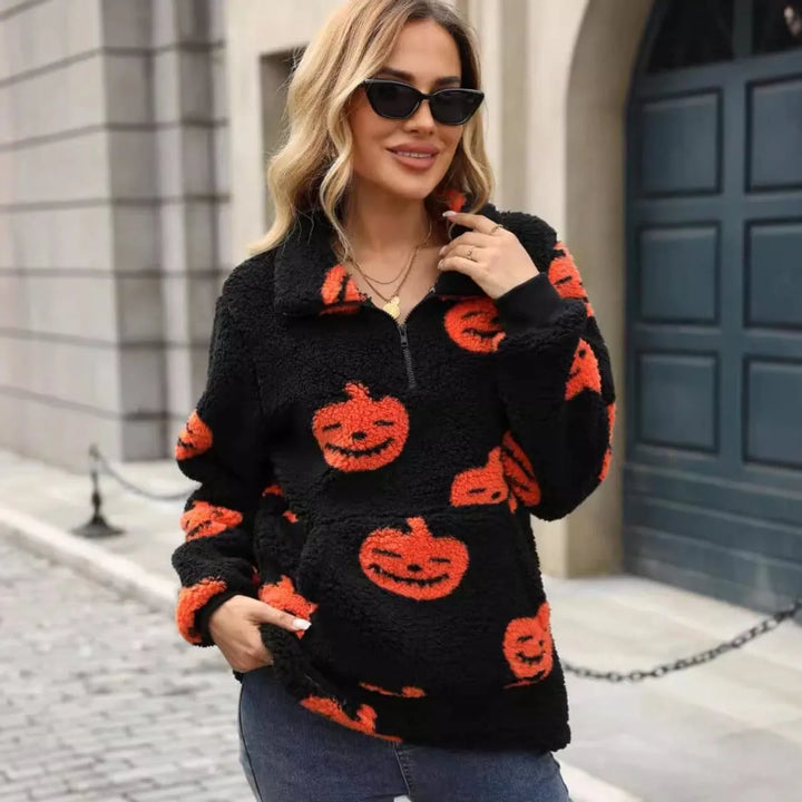Naisten Halloween-kurpitsakuvioinen puolivetoketjullinen neulepusero